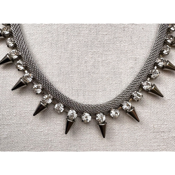 Graziano Silver Tone Mesh w/ Clear Rhinestone & Spikes Necklace Goth Biker Edgy - Picture 2 of 12